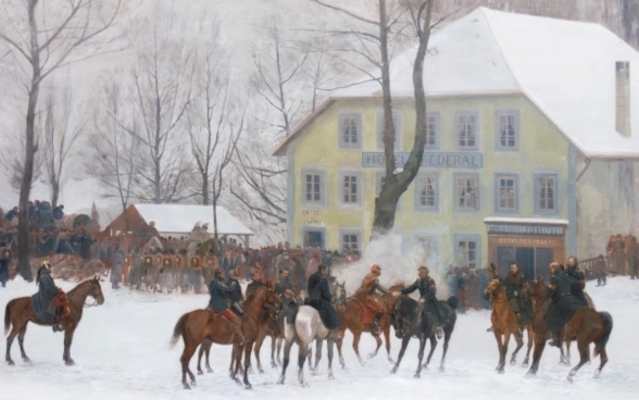 Peinture à l'huile d'un paysage recouvert de neige. En arrière-plan, d'innombrables personnes à pied et à cheval. Au premier plan, deux partis à cheval. Deux d'entre eux se serrent la main. Ce sont les deux généraux mentionnés.